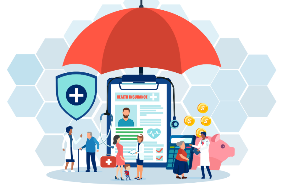 An illustration of various healthcare motifs - a doctor's chart, money going into a piggy bank, a family meeting a doctor - all under an umbrella.