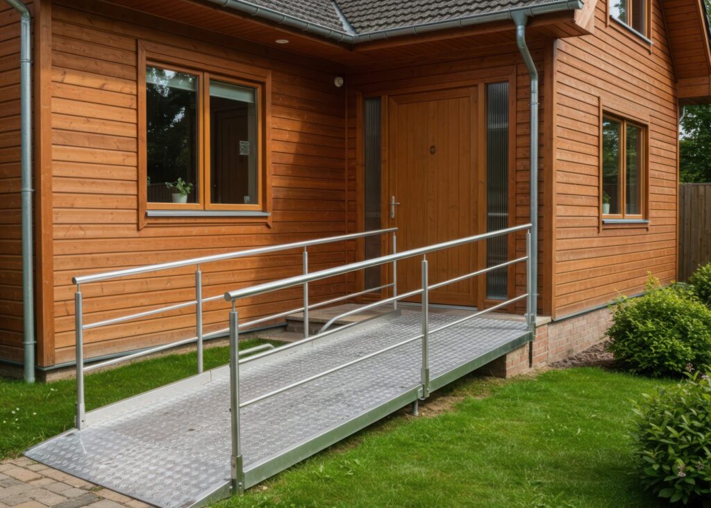 Accessible wooden house entrance with metal ramp and handrails