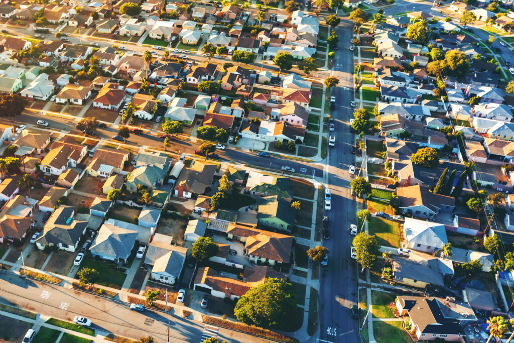 Aerial view of of a residential neighborhood in california