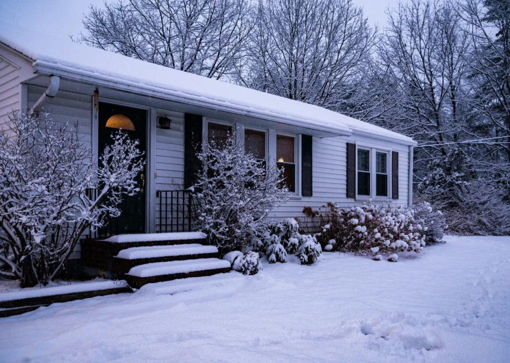 Ranch-style house covered in snow